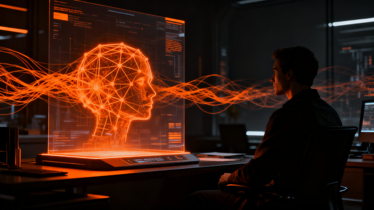 Agentes de IA autónomos explorando la conciencia artificial en un entorno empresarial, representando la disrupción tecnológica y los desafíos éticos.