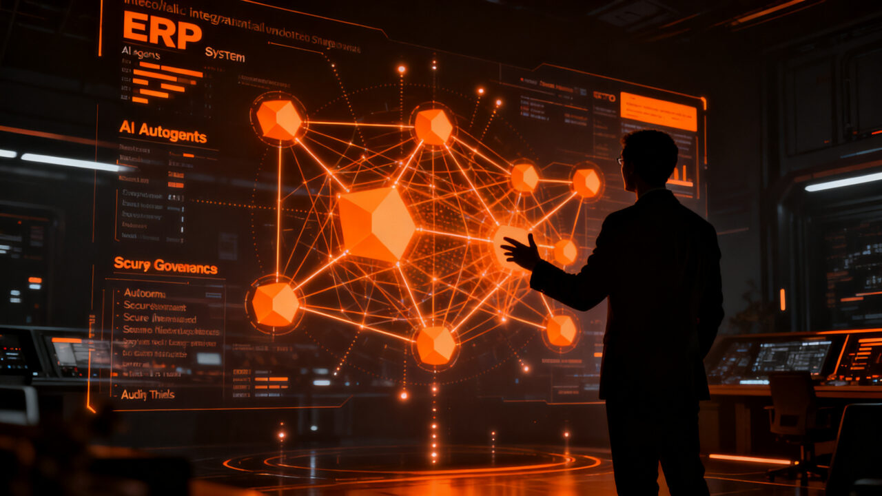 Un CTO evaluando la integración de agentes de IA en un sistema ERP, simbolizando la seguridad y gobernanza tecnológica en startups.