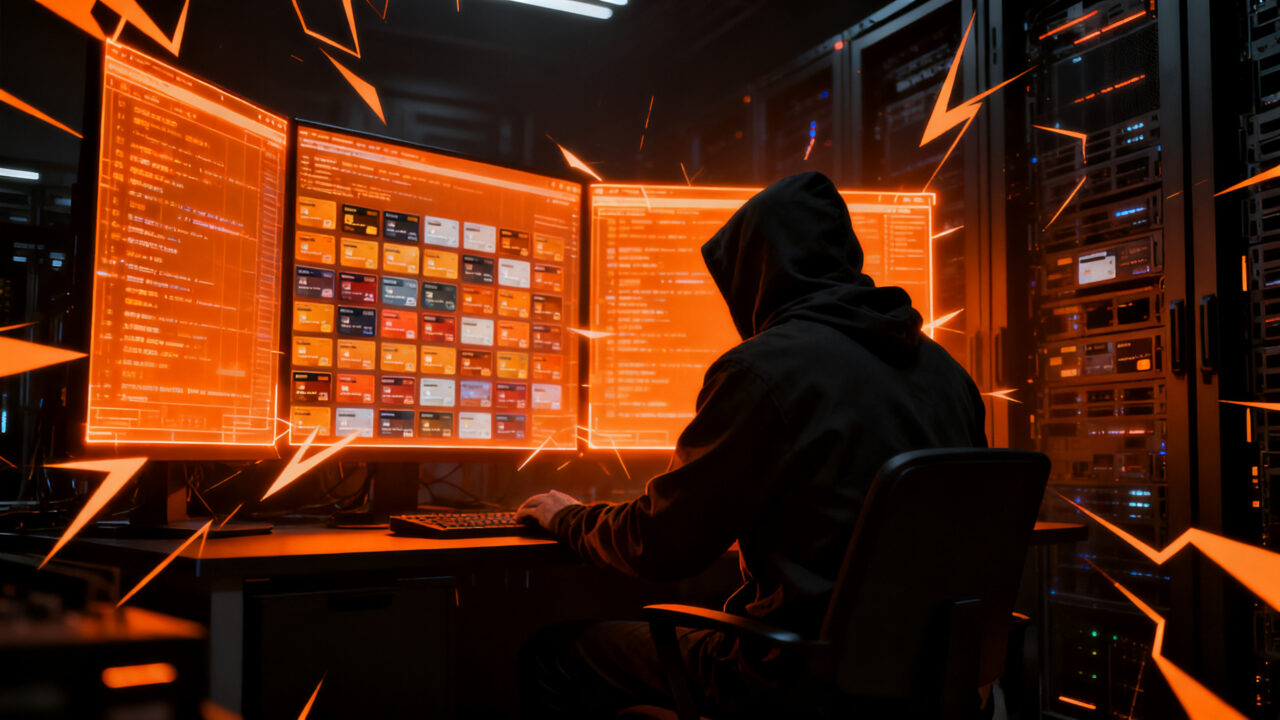 Agentes de IA automatizando el robo de datos de tarjetas de crédito en tiendas online, representando la amenaza de ciberseguridad actual.