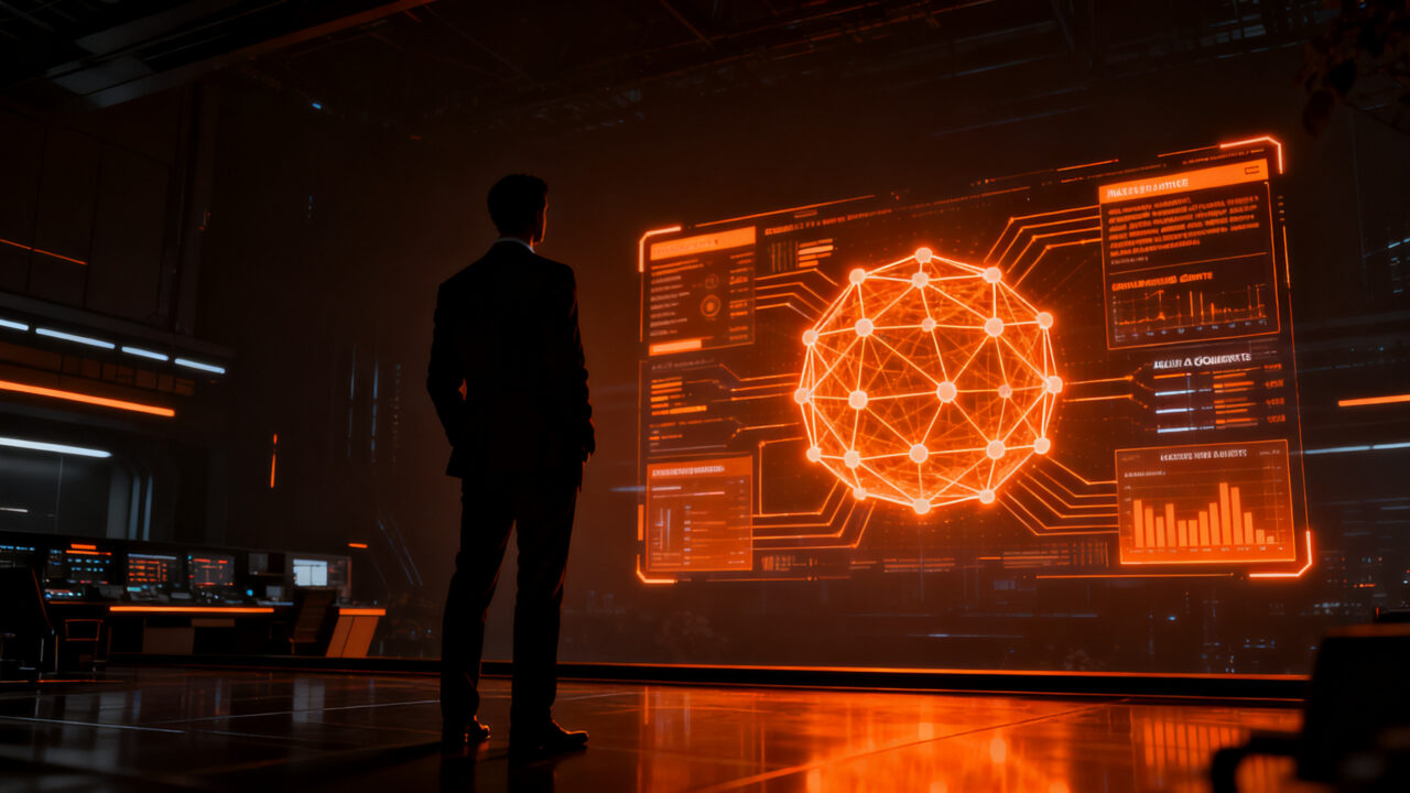 Agentes de IA transformando la gobernanza en el sector asegurador, representando la digitalización y el control de sistemas inteligentes.