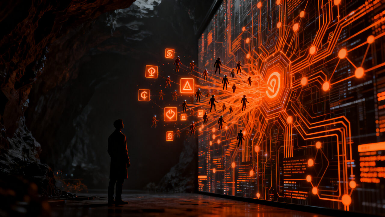 Agentes de IA creando lenguaje propio en simulación de alta tecnología, representando desafíos en seguridad y transparencia de modelos de inteligencia artificial.