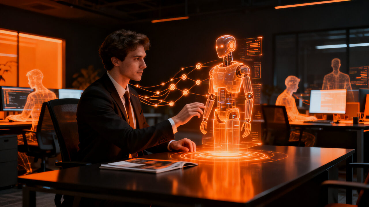 Agentes de IA trabajando junto a humanos en una oficina moderna, representando el futuro de la productividad empresarial.