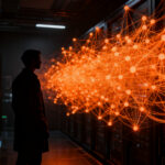 Agentes autónomos de IA operando en una red digital, representando el riesgo operativo y la seguridad en la gobernanza de inteligencia artificial.
