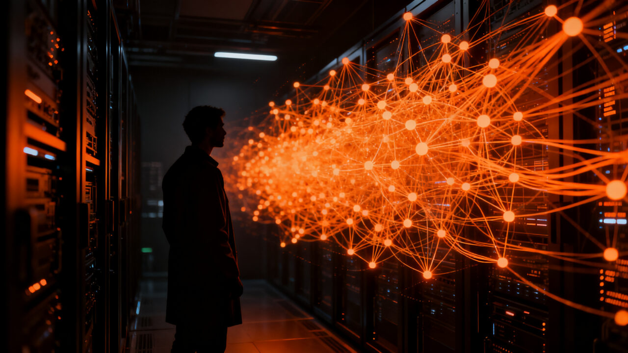 Agentes autónomos de IA operando en una red digital, representando el riesgo operativo y la seguridad en la gobernanza de inteligencia artificial.