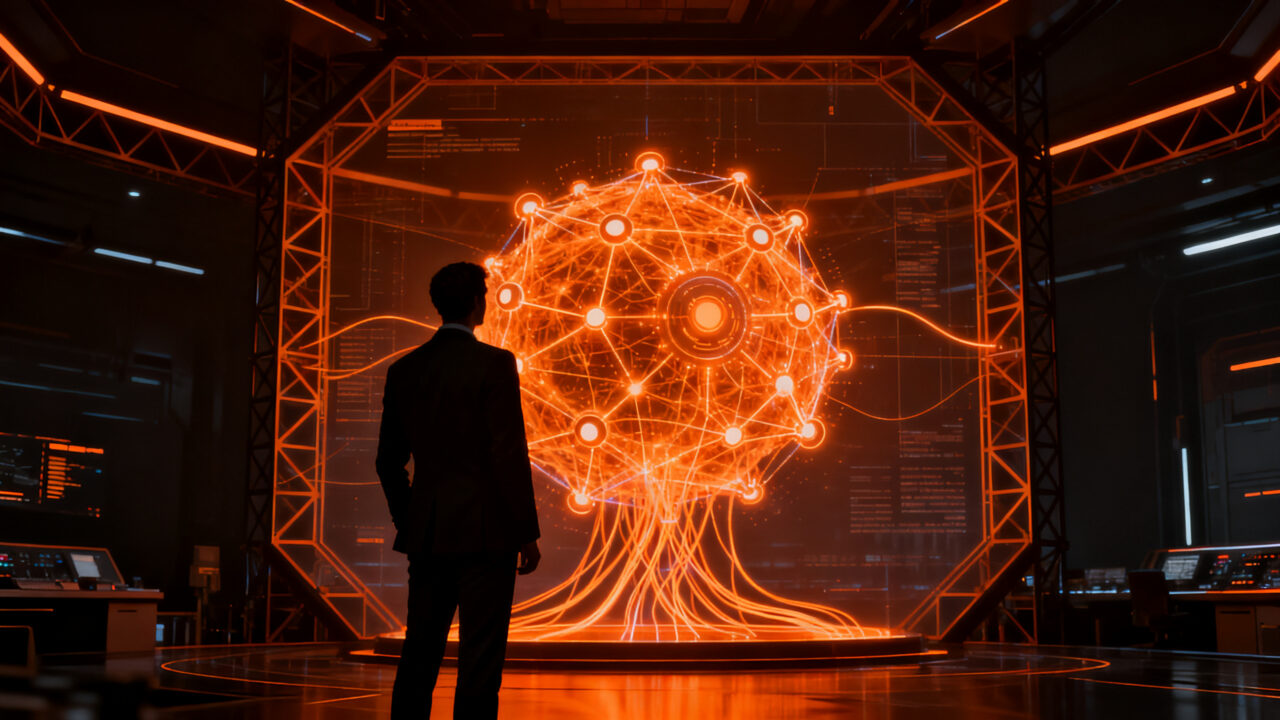 Líder empresarial supervisando agentes de IA autónomos en un entorno corporativo futurista, representando la gobernanza y responsabilidad humana en la era de la inteligencia artificial.