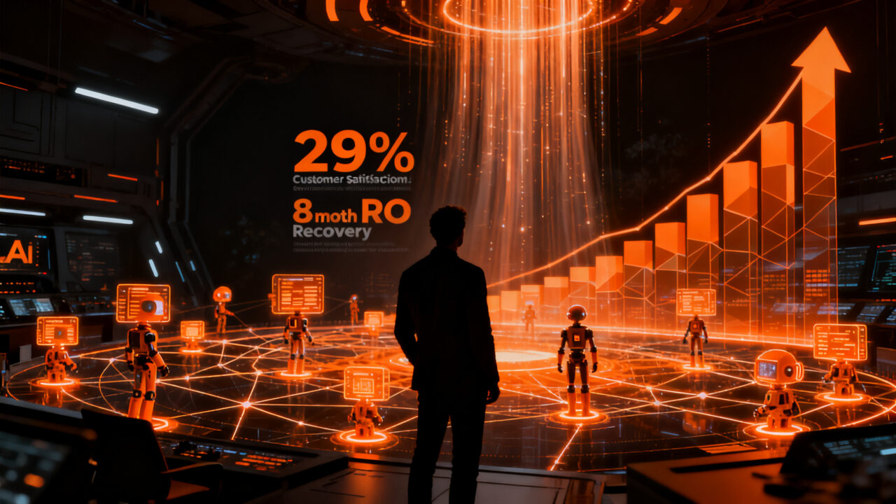 Agentes de IA incrementando el ROI y la satisfacción del cliente en empresas, representando la eficiencia de la automatización empresarial mediante IA agéntica.