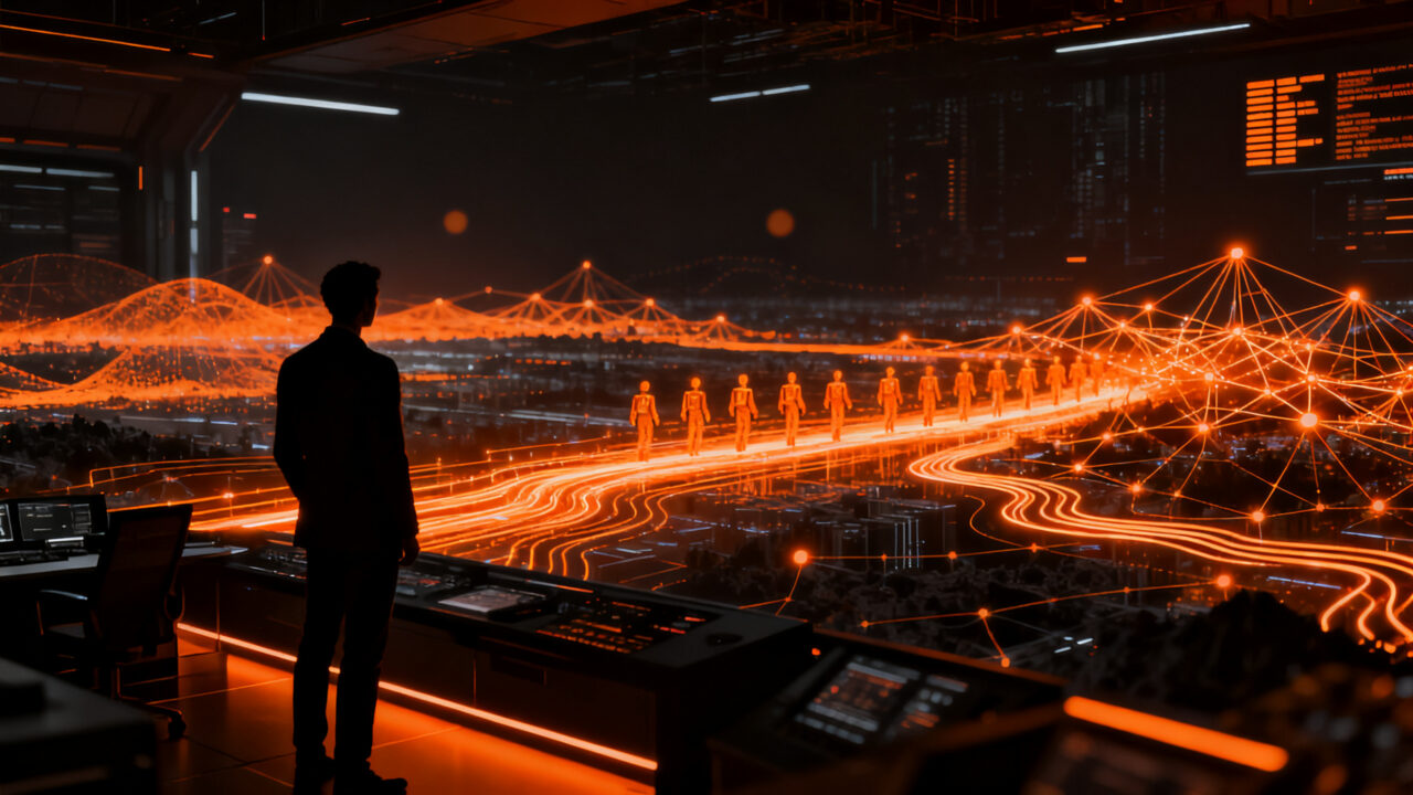Representación visual de agentes de IA como usuarios invisibles interactuando con redes móviles y tráfico de datos digitales.