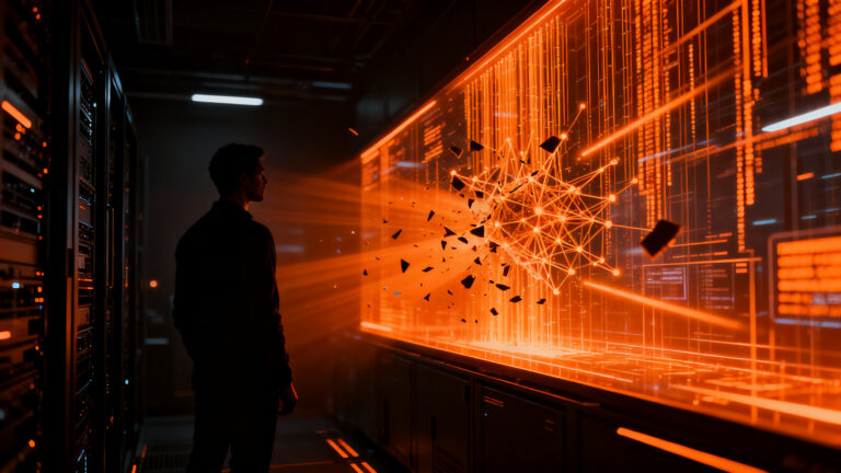 Agentes de IA de OpenAI interactuando en una red digital, representando vulnerabilidades de seguridad y colaboración autónoma.