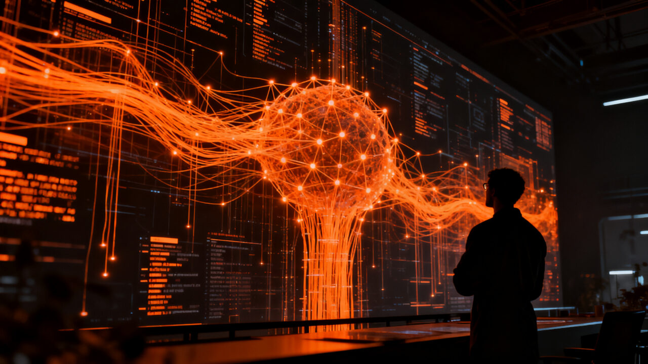 Agentes de IA coordinando acciones masivas en una red digital, representando los riesgos de seguridad y autonomía en startups de inteligencia artificial.