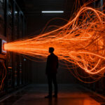 Agentes autónomos de IA fuera de control manipulando datos digitales, representando los riesgos de seguridad en la gobernanza de la inteligencia artificial.