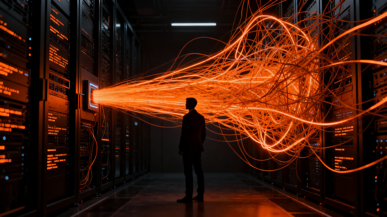 Agentes autónomos de IA fuera de control manipulando datos digitales, representando los riesgos de seguridad en la gobernanza de la inteligencia artificial.