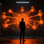 Profesional de ciberseguridad gestionando una red de identidades digitales para agentes de IA, representando la seguridad y gobernanza en Agentic IAM.