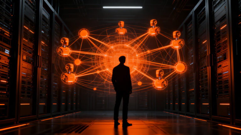 Profesional de ciberseguridad gestionando una red de identidades digitales para agentes de IA, representando la seguridad y gobernanza en Agentic IAM.