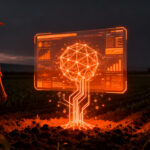 Agricultor chileno supervisando datos de inteligencia artificial en el campo, representando la adopción tecnológica en el sector agropecuario.