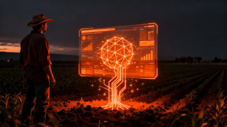 Agricultor chileno supervisando datos de inteligencia artificial en el campo, representando la adopción tecnológica en el sector agropecuario.