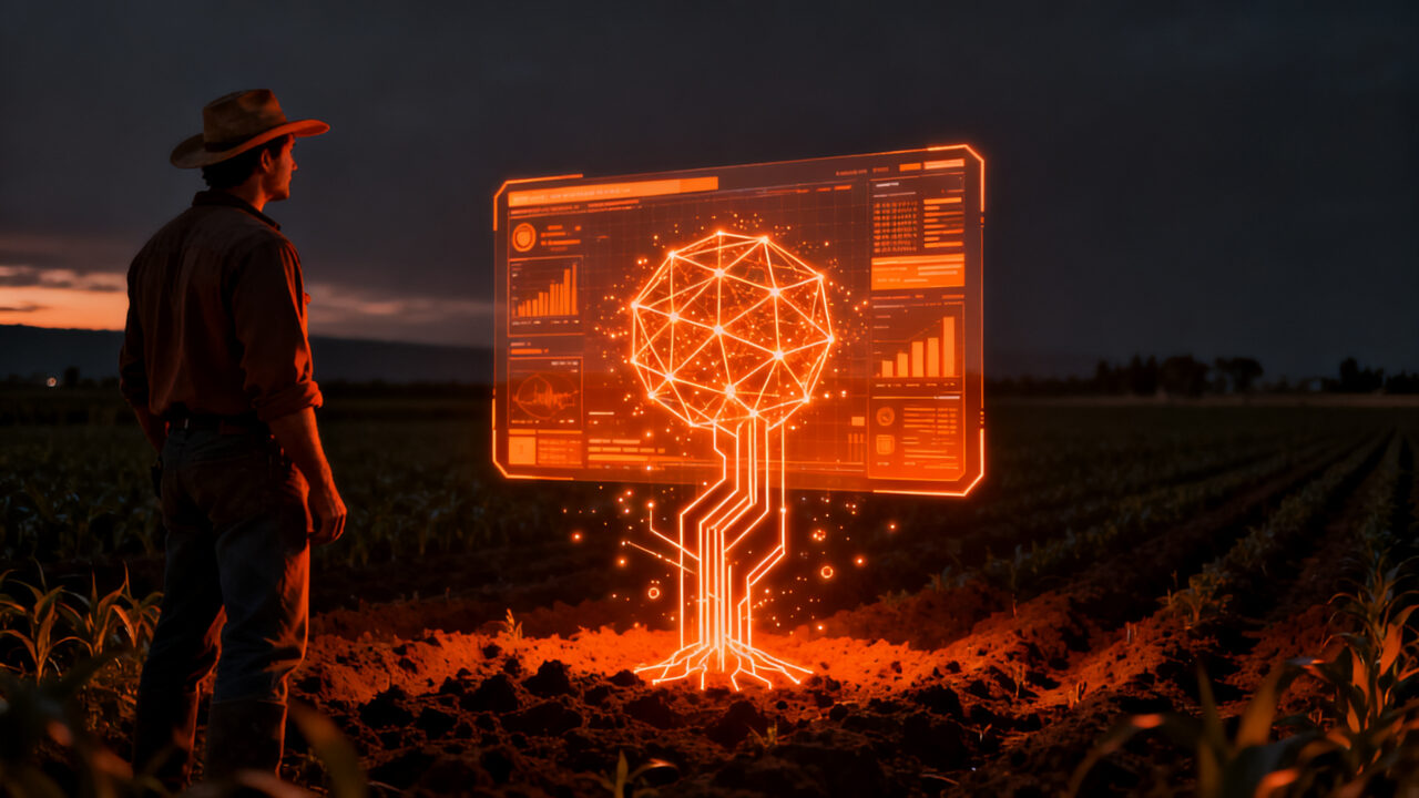 Agricultor chileno supervisando datos de inteligencia artificial en el campo, representando la adopción tecnológica en el sector agropecuario.