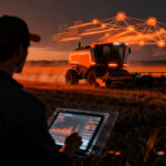 Maquinaria agrícola autónoma y tecnología de precisión en grandes extensiones de cultivo, simbolizando la modernización de los agroholdings.