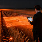 Emprendedor agtech analizando datos de campo, representando la innovación y colaboración tecnológica en el sector agropecuario argentino.