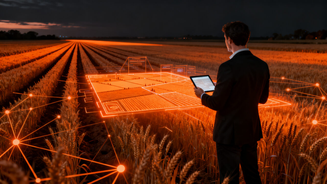 Emprendedor agtech analizando datos de campo, representando la innovación y colaboración tecnológica en el sector agropecuario argentino.