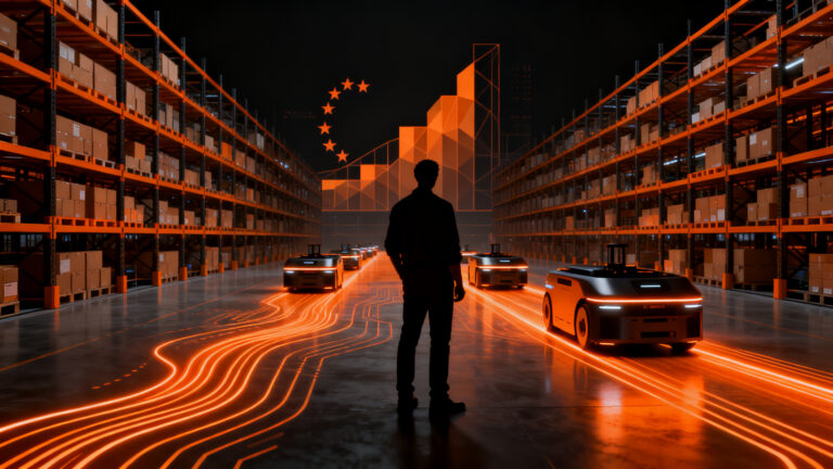 Feria AGV Expo 2026 en Italia, destacando la automatización industrial con robots móviles AMR y logística inteligente.