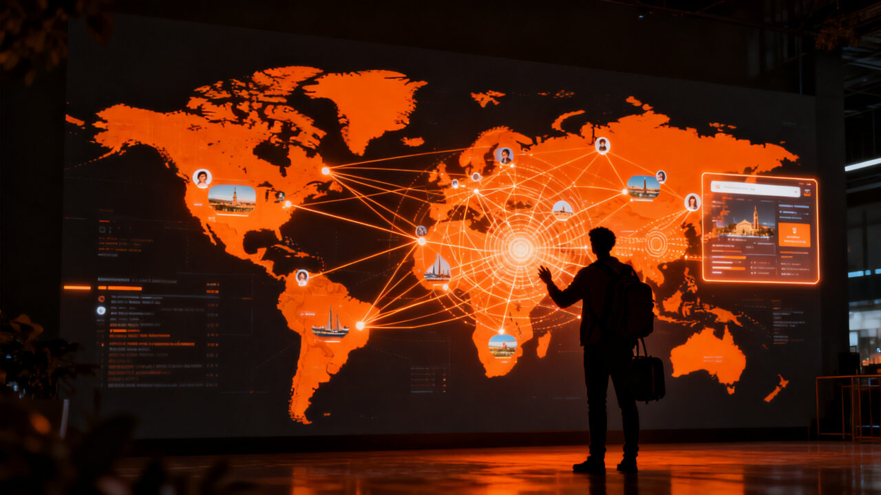 Interfaz visual de Airbnb con búsqueda mediante IA y mapa de viajes sociales, representando la evolución tecnológica en el sector turismo.