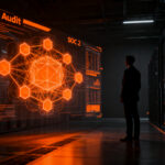 Auditoría de agentes de IA y ciberseguridad, representando el estándar AIUC-1 para startups tecnológicas.