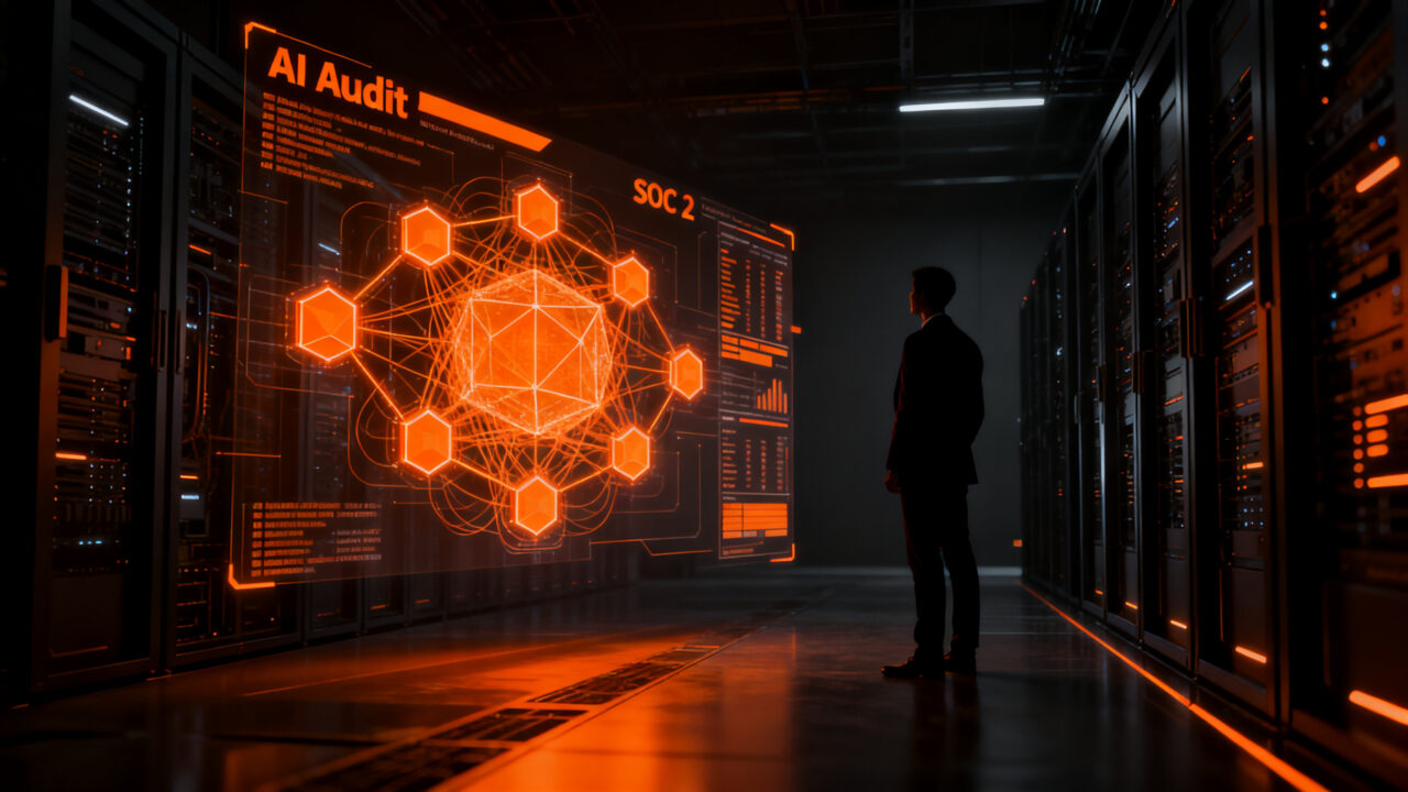 Auditoría de agentes de IA y ciberseguridad, representando el estándar AIUC-1 para startups tecnológicas.