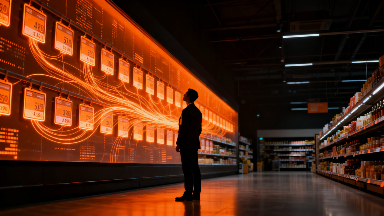 Etiquetas electrónicas y precios dinámicos en retail tech, mostrando la automatización en supermercados Alcampo.