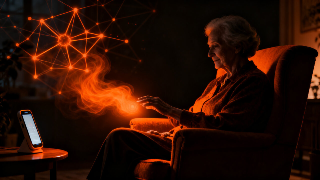 Agente de inteligencia artificial brindando compañía y monitoreo remoto a un adulto mayor, representando la silver economy y la automatización en el cuidado.