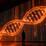 Investigador analizando mapa genómico masivo con IA, representando el avance de AlphaGenome Atlas de DeepMind en biotecnología.