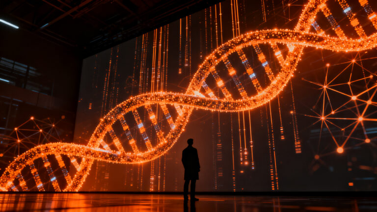 Investigador analizando mapa genómico masivo con IA, representando el avance de AlphaGenome Atlas de DeepMind en biotecnología.