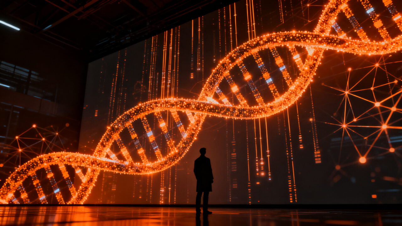 Investigador analizando mapa genómico masivo con IA, representando el avance de AlphaGenome Atlas de DeepMind en biotecnología.