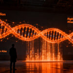Investigador analizando una estructura compleja de ADN digital, representando el avance de AlphaGenome Atlas en genómica e IA.