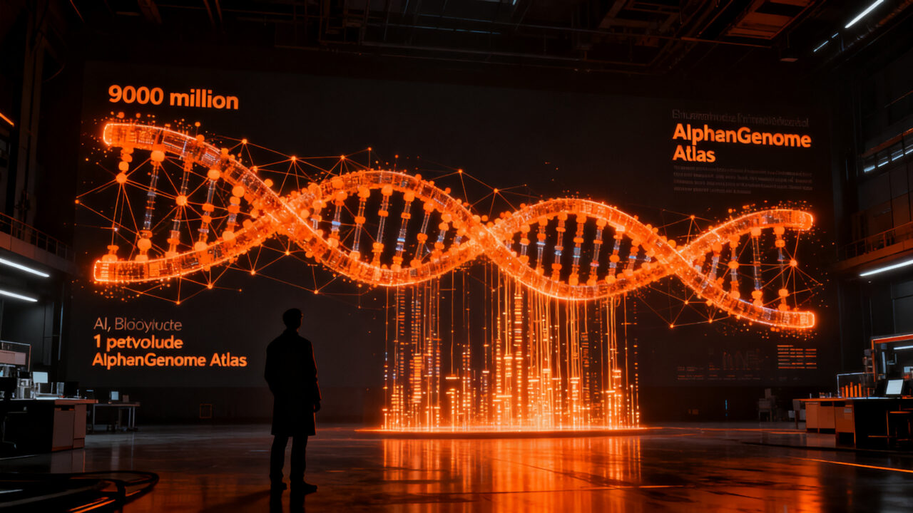 Investigador analizando una estructura compleja de ADN digital, representando el avance de AlphaGenome Atlas en genómica e IA.