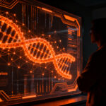 Investigador analizando estructuras genéticas con IA, representando el impacto de AlphaGenome Atlas en la biotecnología.