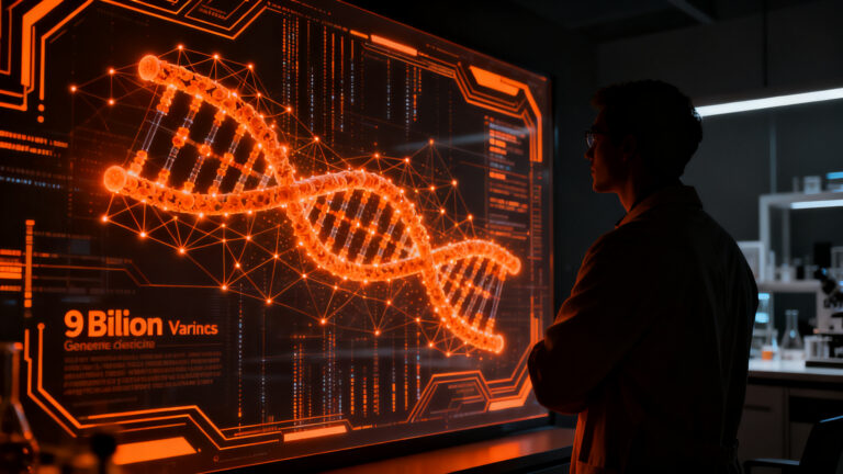 Investigador analizando estructuras genéticas con IA, representando el impacto de AlphaGenome Atlas en la biotecnología.