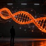 Investigador analizando mapa genómico de IA de AlphaGenome Atlas, representando el avance en biotecnología y predicción de ADN.