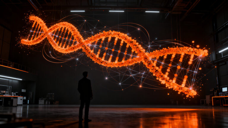 Investigador analizando mapa genómico de IA de AlphaGenome Atlas, representando el avance en biotecnología y predicción de ADN.