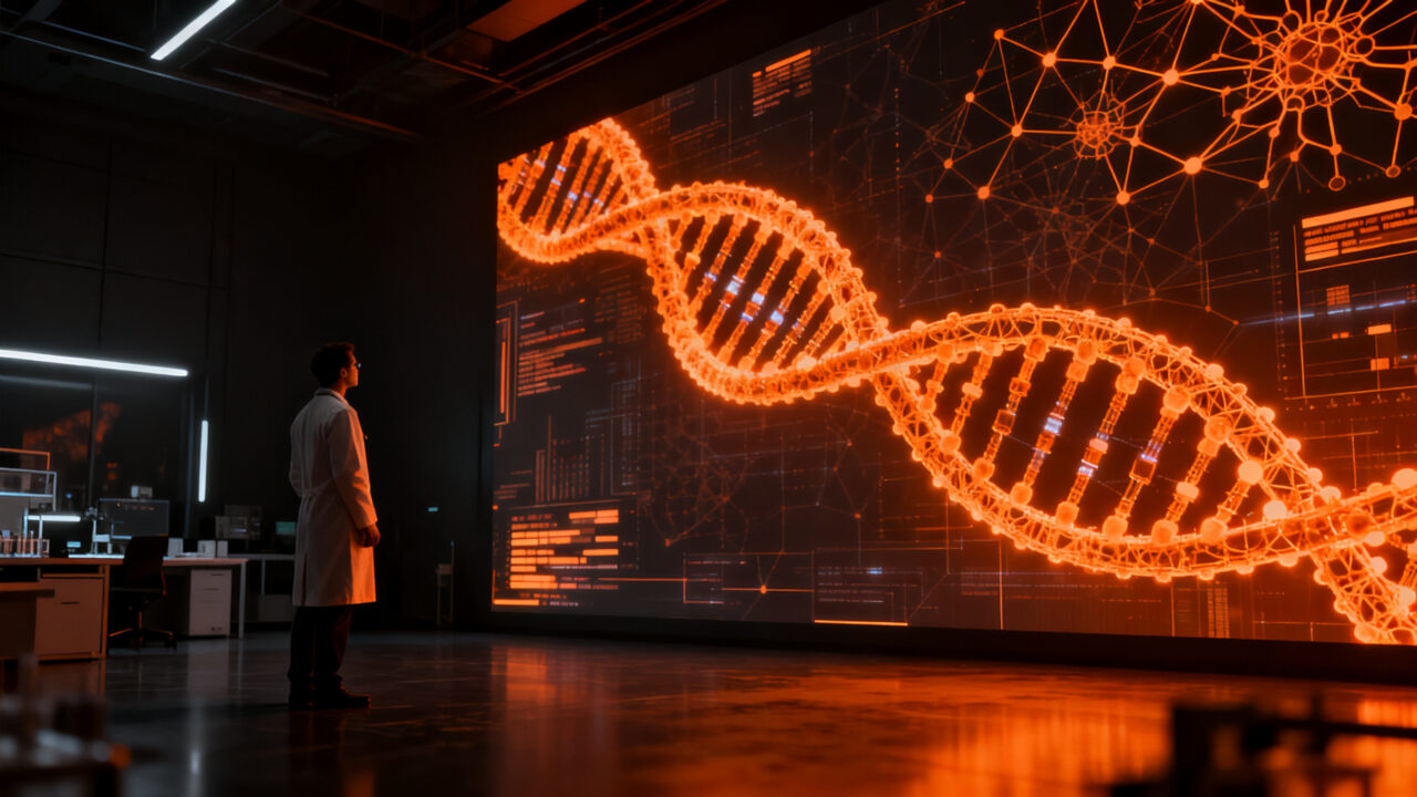 Investigador analizando mapa genómico de ADN generado por IA en entorno de alta tecnología, representando la innovación en salud y biotecnología.