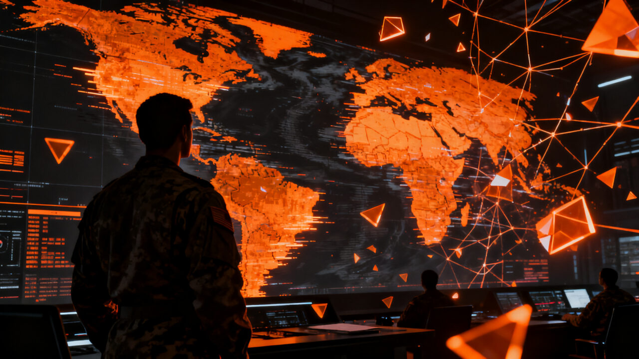 Alucinación de IA en contexto militar representando el riesgo tecnológico y los peligros de la toma de decisiones automatizada.