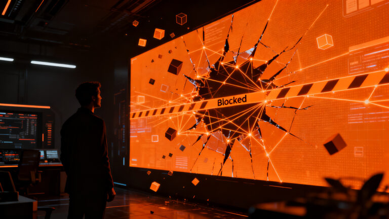 Un emprendedor observa una barrera digital entre flujos de datos, representando el bloqueo de agentes de IA en el comercio electrónico.