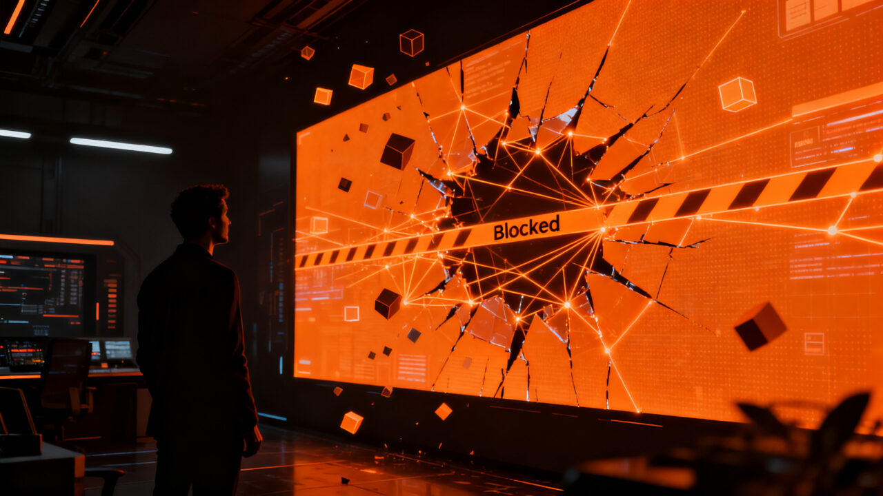 Un emprendedor observa una barrera digital entre flujos de datos, representando el bloqueo de agentes de IA en el comercio electrónico.