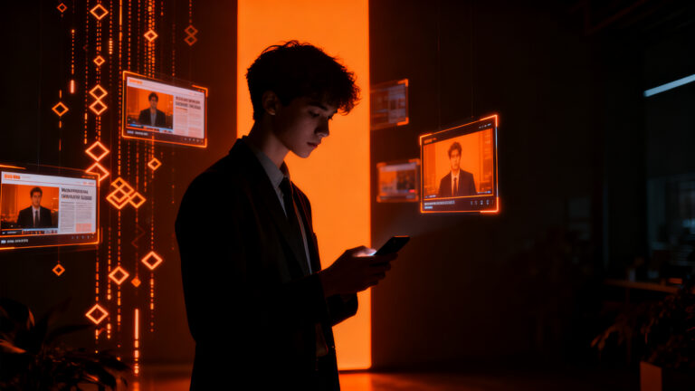 Joven de la Generación Z consumiendo noticias en formato video vertical en un entorno digital, representando la competencia entre Amazon Prime Video y TikTok.