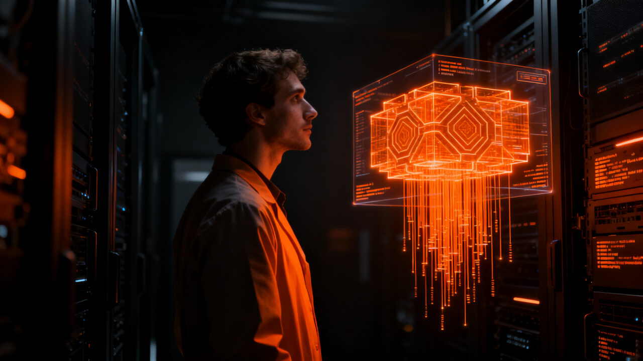 Investigador analizando compresión de agentes de machine learning y sobreajuste en un entorno digital futurista.