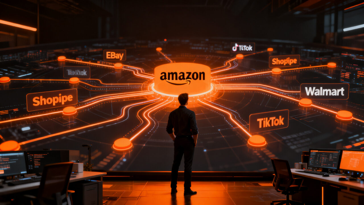 Gestión multicanal en Amazon Seller Central integrando eBay, Shopify, TikTok y Walmart para vendedores e-commerce.