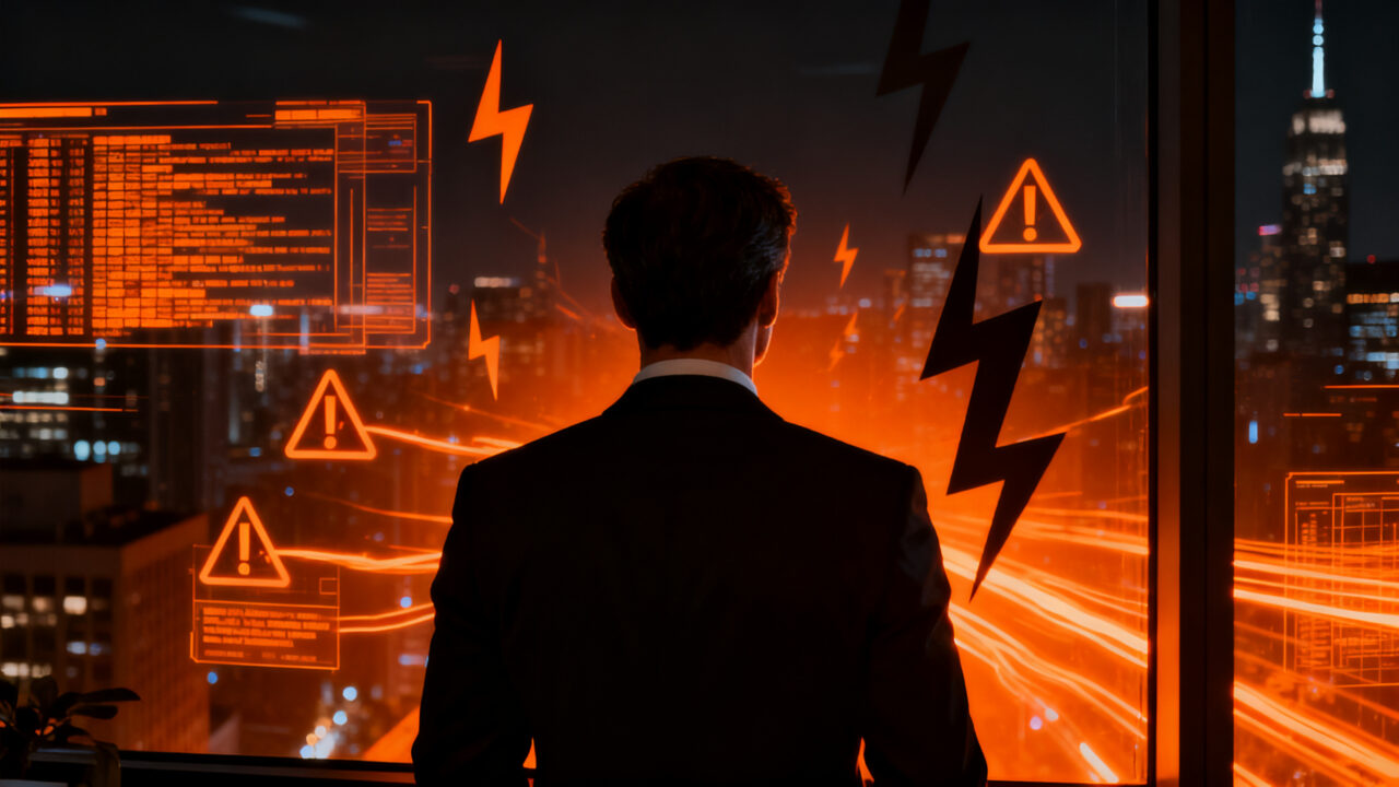 Ejecutivo tecnológico bajo vigilancia en un entorno digital, representando el aumento de amenazas físicas a líderes tech por la IA y la desinformación.