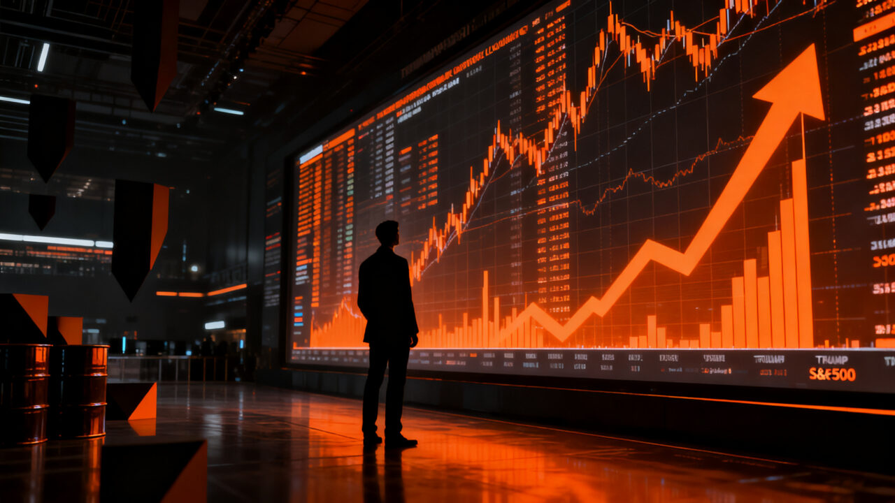 Gráfico financiero del S&P 500 y mercado bursátil con impacto de la cumbre Trump-Xi y precios del petróleo.