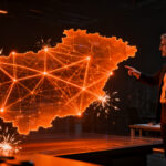 Mapa de Andalucía con nodos de talento tech y redes de capacitación digital, representando la transformación y el crecimiento de la economía digital.