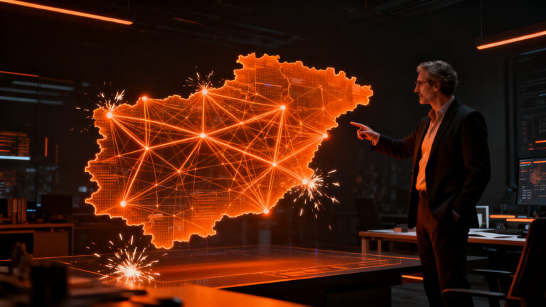 Mapa de Andalucía con nodos de talento tech y redes de capacitación digital, representando la transformación y el crecimiento de la economía digital.
