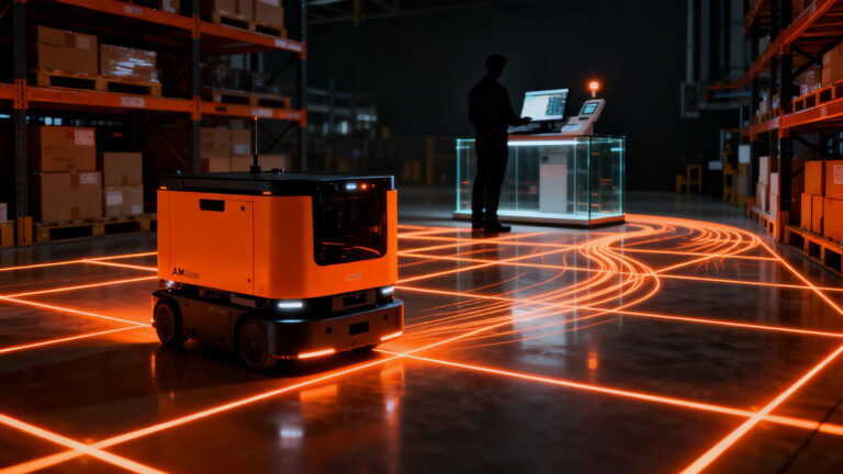 Robot móvil autónomo AMR de ANSCER Robotics operando en una instalación industrial moderna, representando la expansión global y regulación tecnológica.